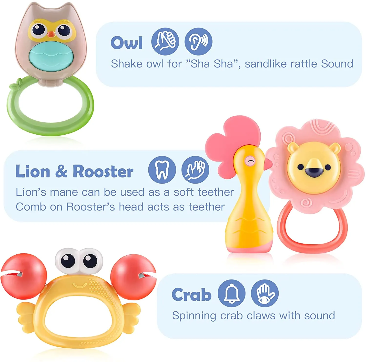 10Pcs Animal Baby Rattles Toy Set Teether Shaker Grab N Spin Rattle
