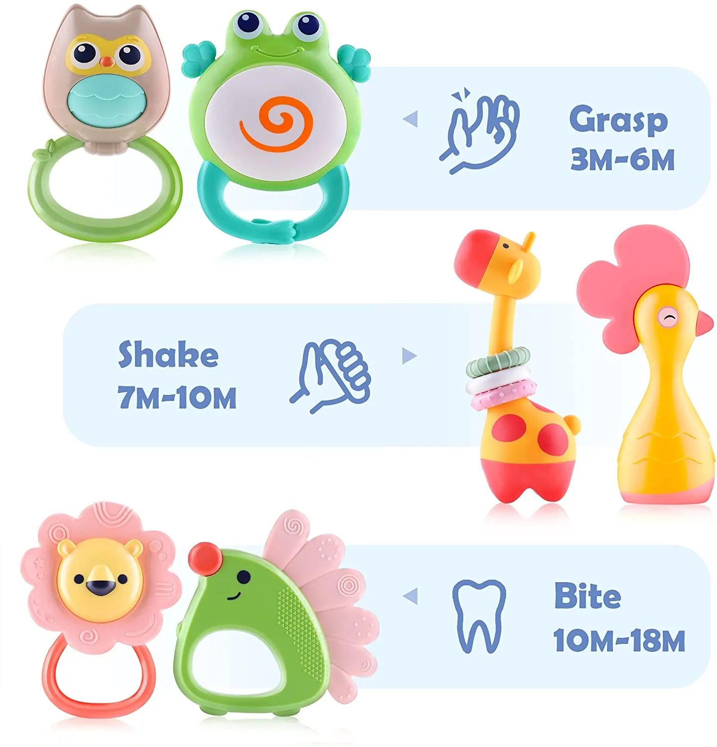 10Pcs Animal Baby Rattles Toy Set Teether Shaker Grab N Spin Rattle