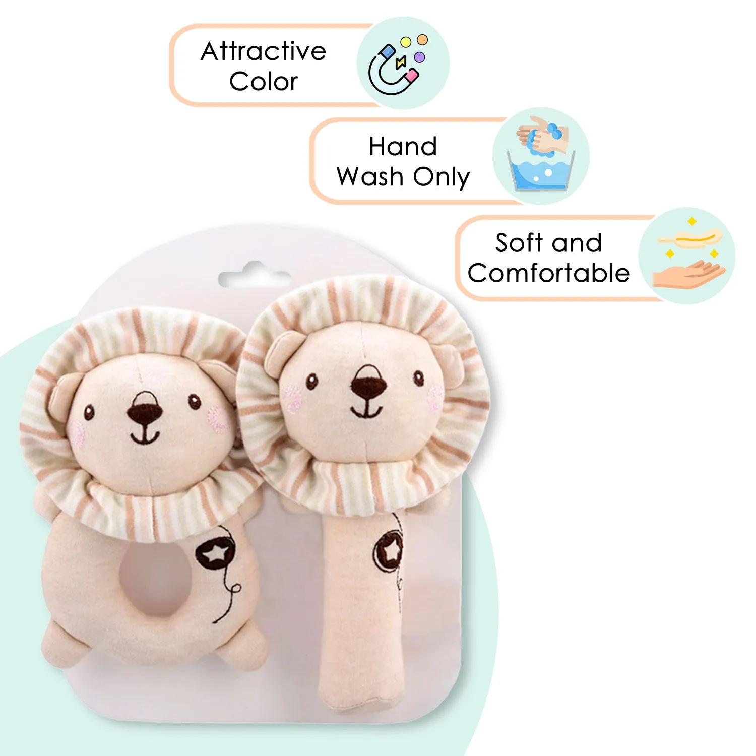 Baby Moo Little Lions 2 Pack Squeaker Handheld Rattle Toy - Beige