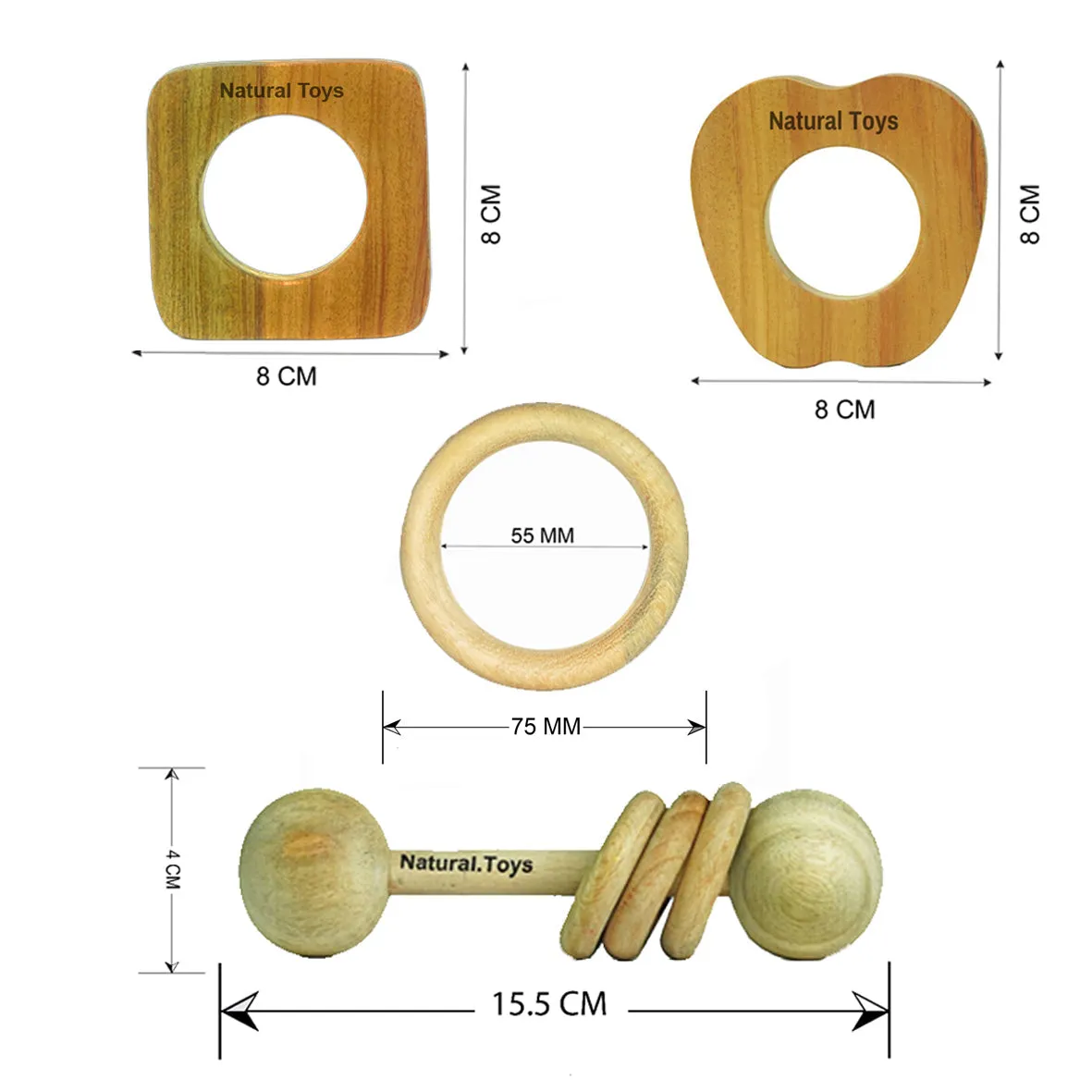 Buy Natural.Toys Neem Wood Teether Combo For Infant (Dumbbell Rattle   Apple Teether   Square Teething   75Mm Ring) Baby Teethers Set
