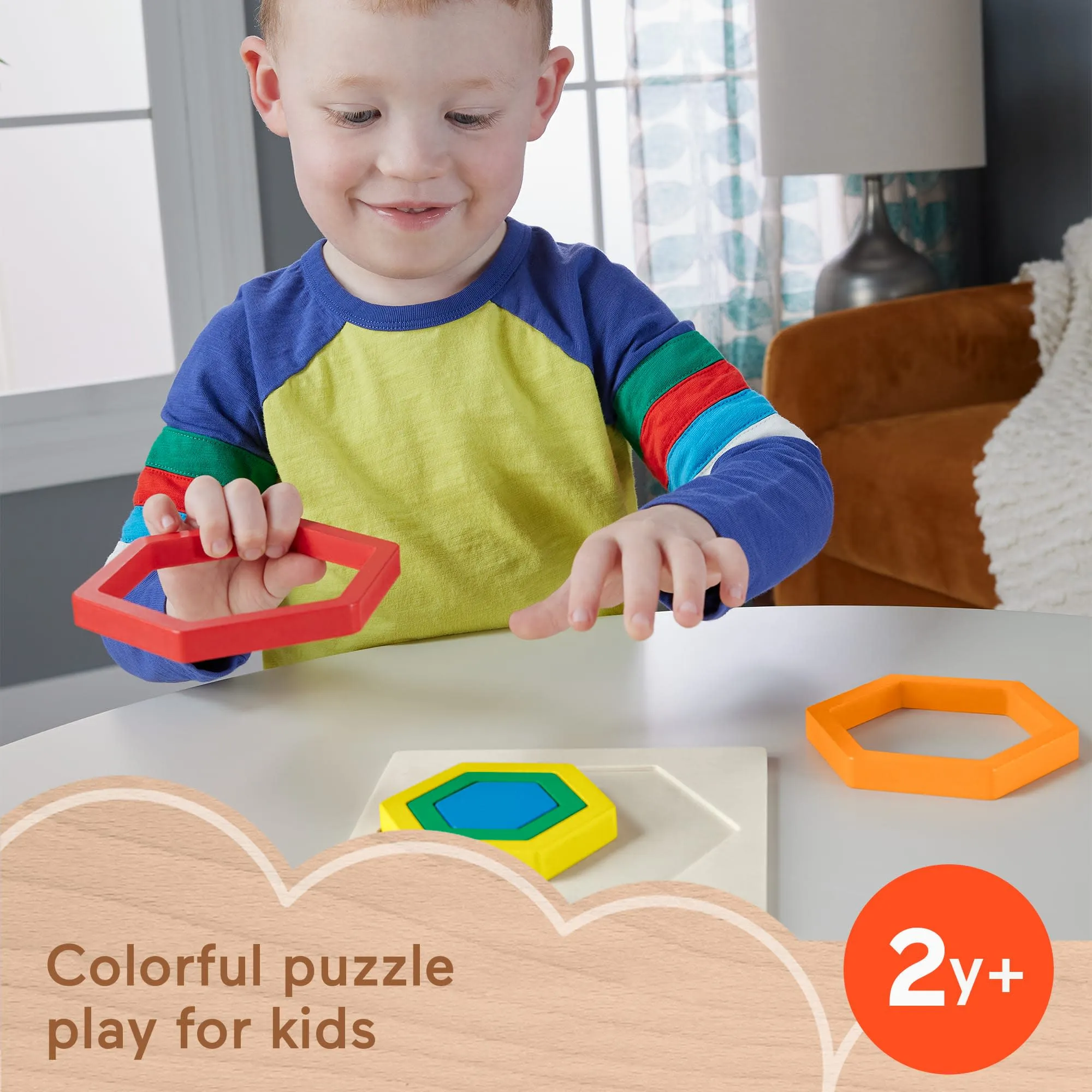 Fisher-Price Wooden Mini Rainbow Jigsaw Puzzle Hexagon For Toddlers & Kids, 5 Wood Pieces