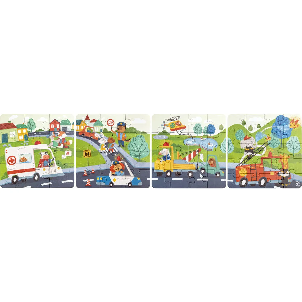Hape Colorful Rescue Vehicles 4-in-1 Puzzle Set