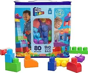 MEGA BLOKS First Builders Toddler Blocks Toys Set, Big Building Bag with 80 Pieces and Storage, Blue, Ages 1  Years(New Open Box)
