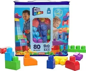 MEGA BLOKS First Builders Toddler Blocks Toys Set, Big Building Bag with 80 Pieces and Storage, Blue, Ages 1  Years(New Open Box)