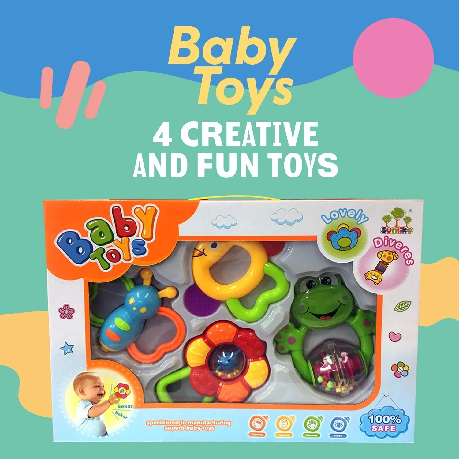 Michaela 4Pcs Set Baby Rattles Teethers, Shaker Grab, and Spin Rattles Set Educational Toys for Newborn Infants Baby 3-12 Month