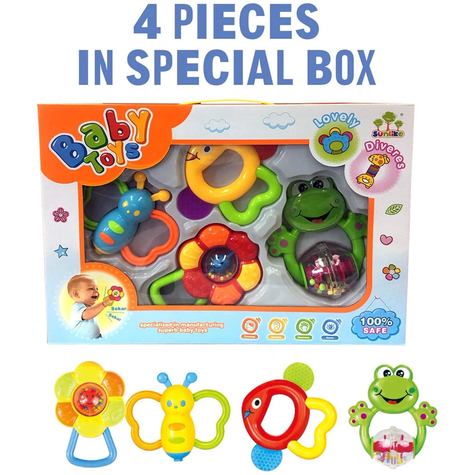 Michaela 4Pcs Set Baby Rattles Teethers, Shaker Grab, and Spin Rattles Set Educational Toys for Newborn Infants Baby 3-12 Month