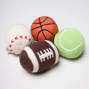 Organic Baby Ball Toy Rattles Set - Football, Baseball, Basketball & Tennis