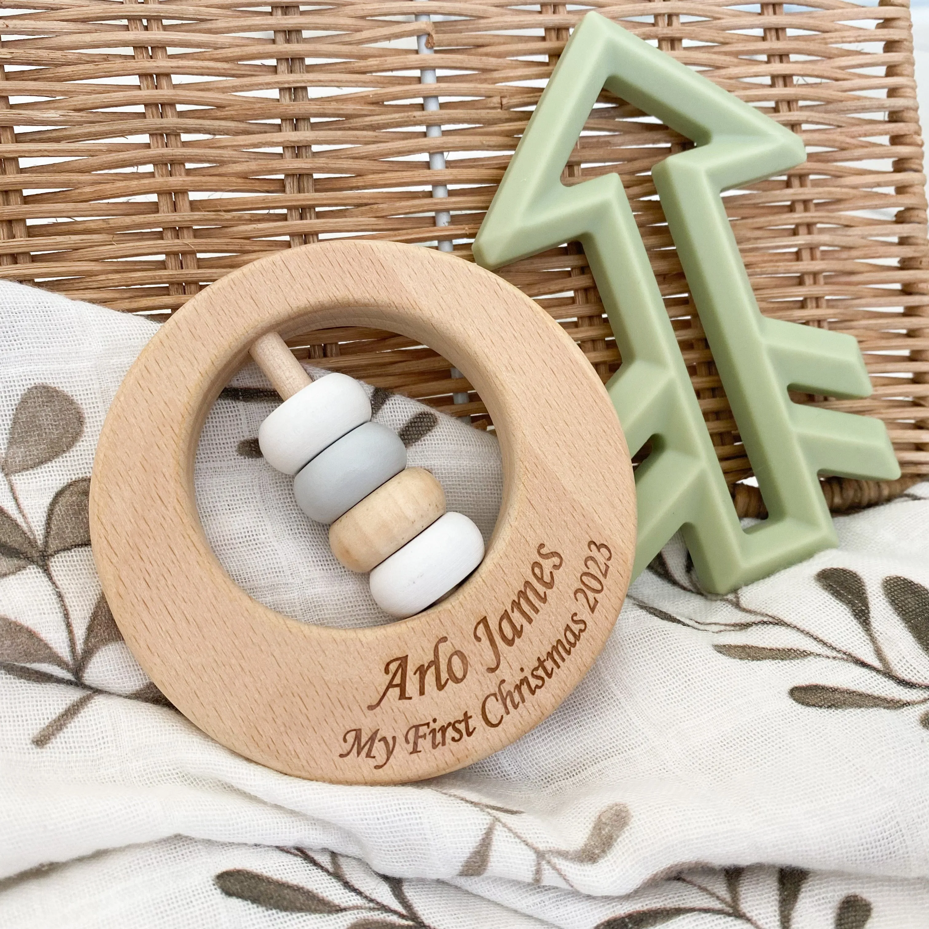 Premium Beech Wood Rattle Teether - My First Christmas