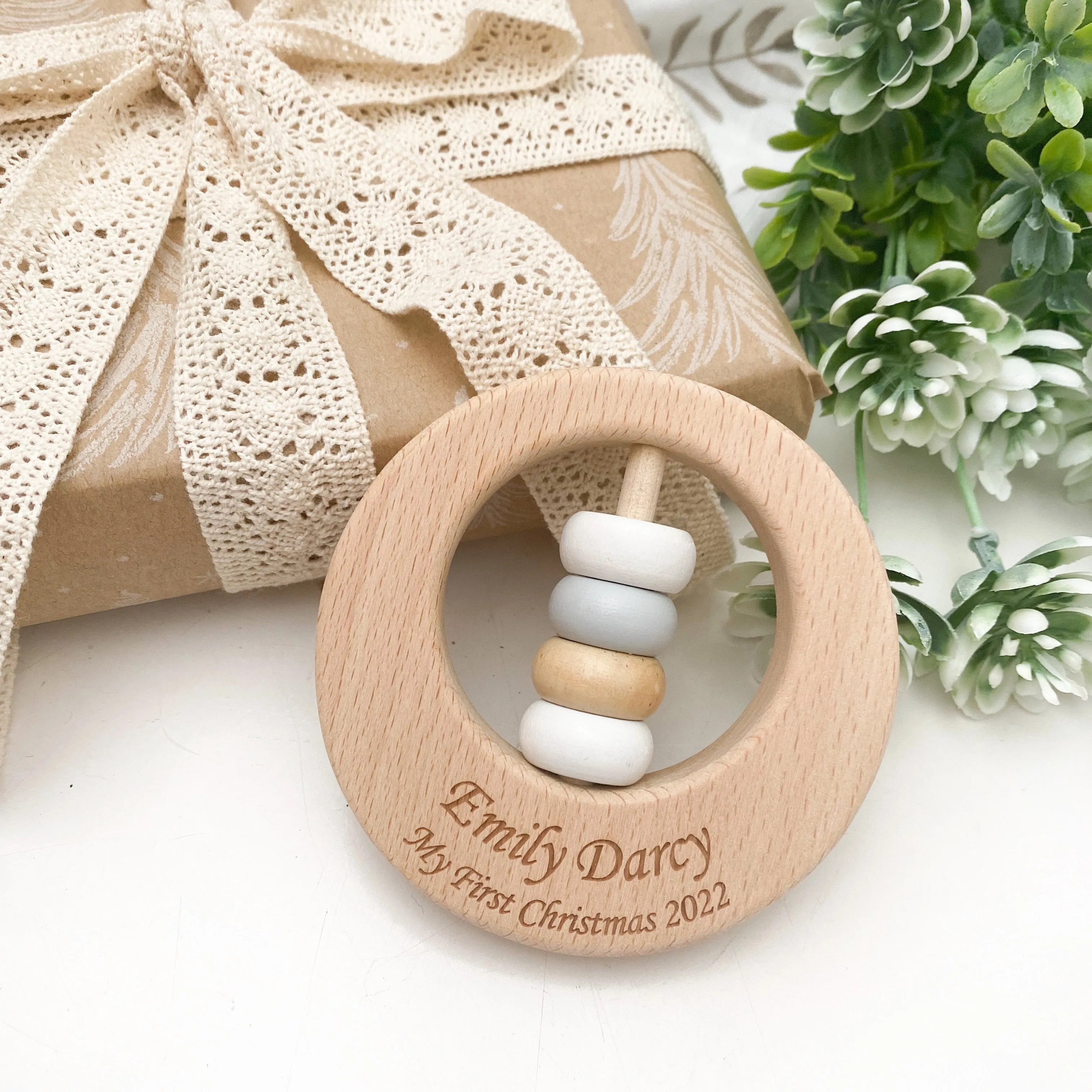 Premium Beech Wood Rattle Teether - My First Christmas