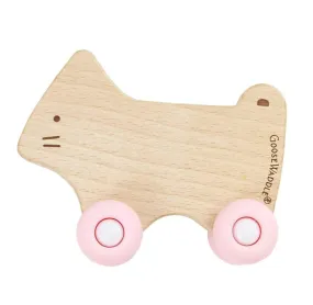 Silicone   Wood Teether (Kitty with pink wheels)