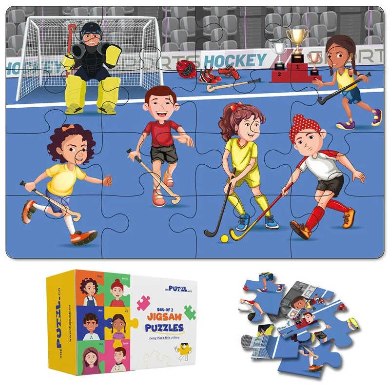 Sports Set of 2 Jigsaw Puzzles - Cricket   Hockey